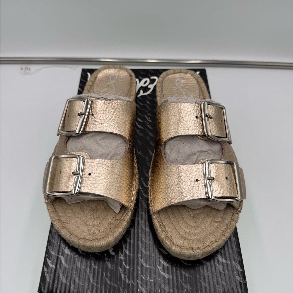 NWT Sam Edelman Becca Gold Leather Espadrille Slide Sandals Women’s Size 6.5 M
